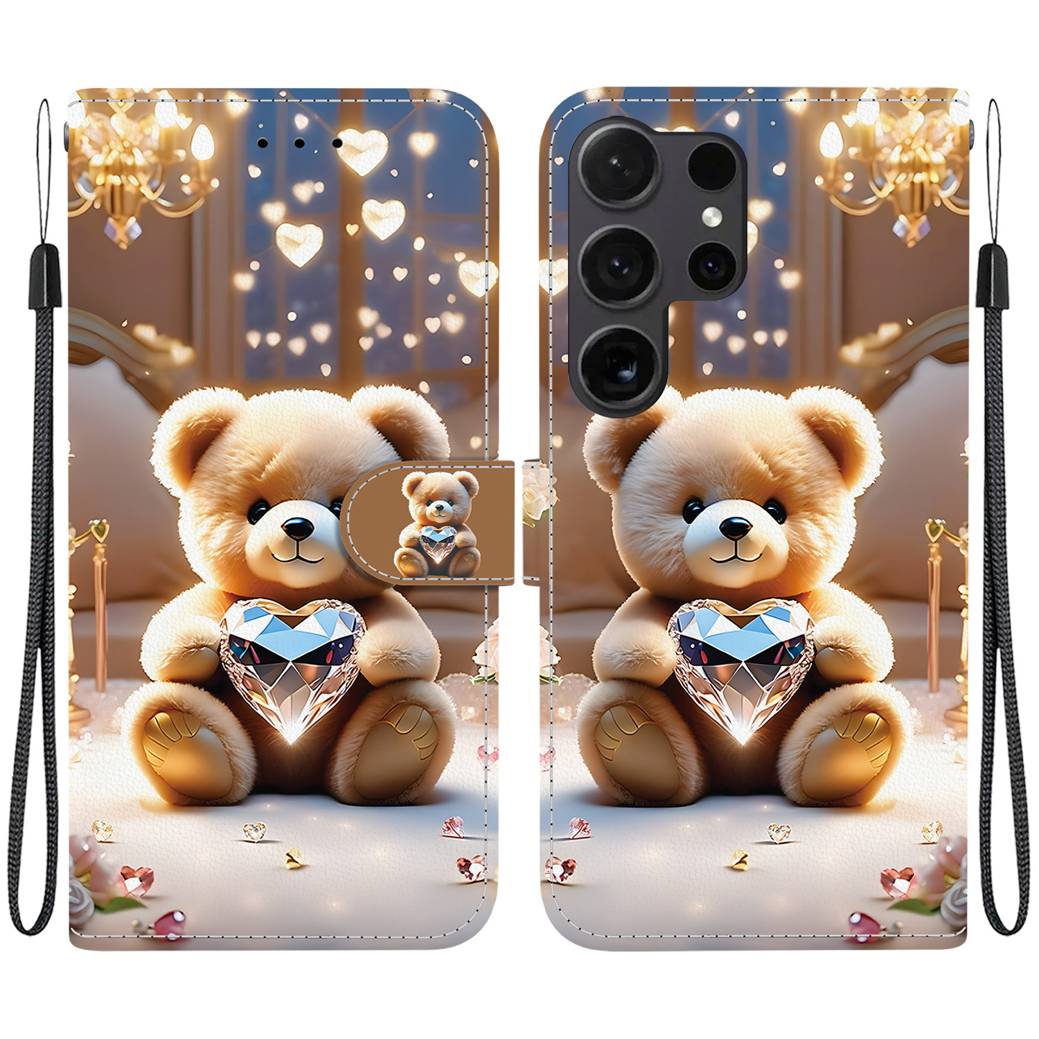 TEMU Phone Case: -patterned Heart-shaped Diamond Bear Single-fold Flap Synthetic Leather Case, Wallet-style Phone Cover With 3 Card Slots,