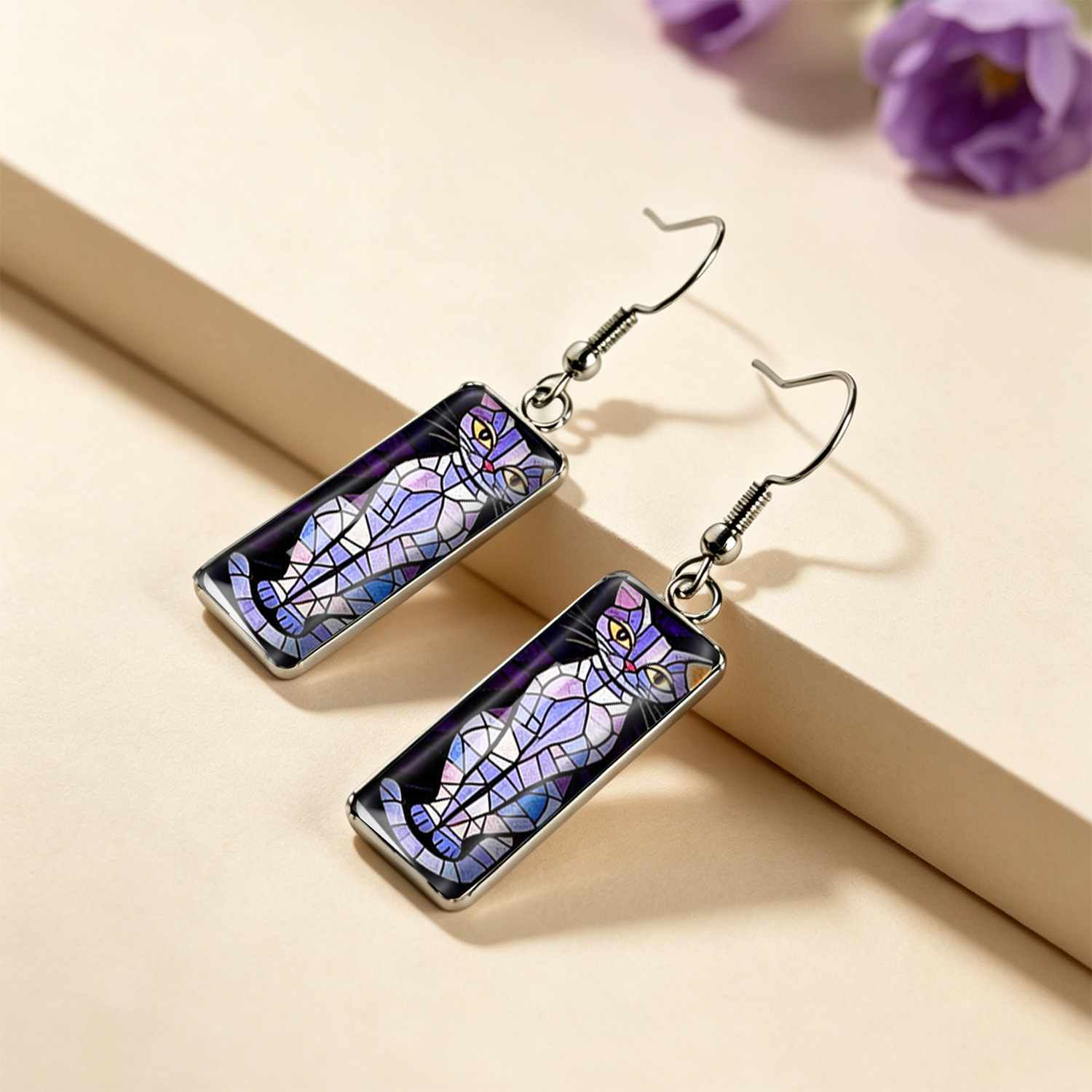 Retro Cat Stained Glass Rectangular Time Gem Earrings
