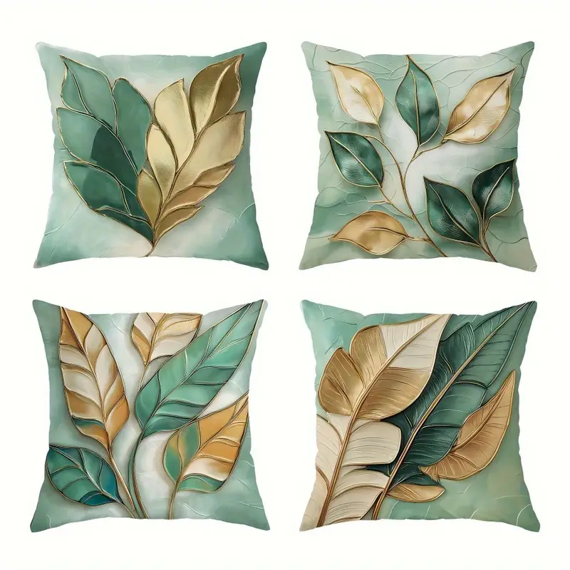 4pcs of green and printed zipper pillowcase double sided polyester printed pattern zipper closed home decoration living room bedroom and sofa home decoration not included in the pillow Product details 1