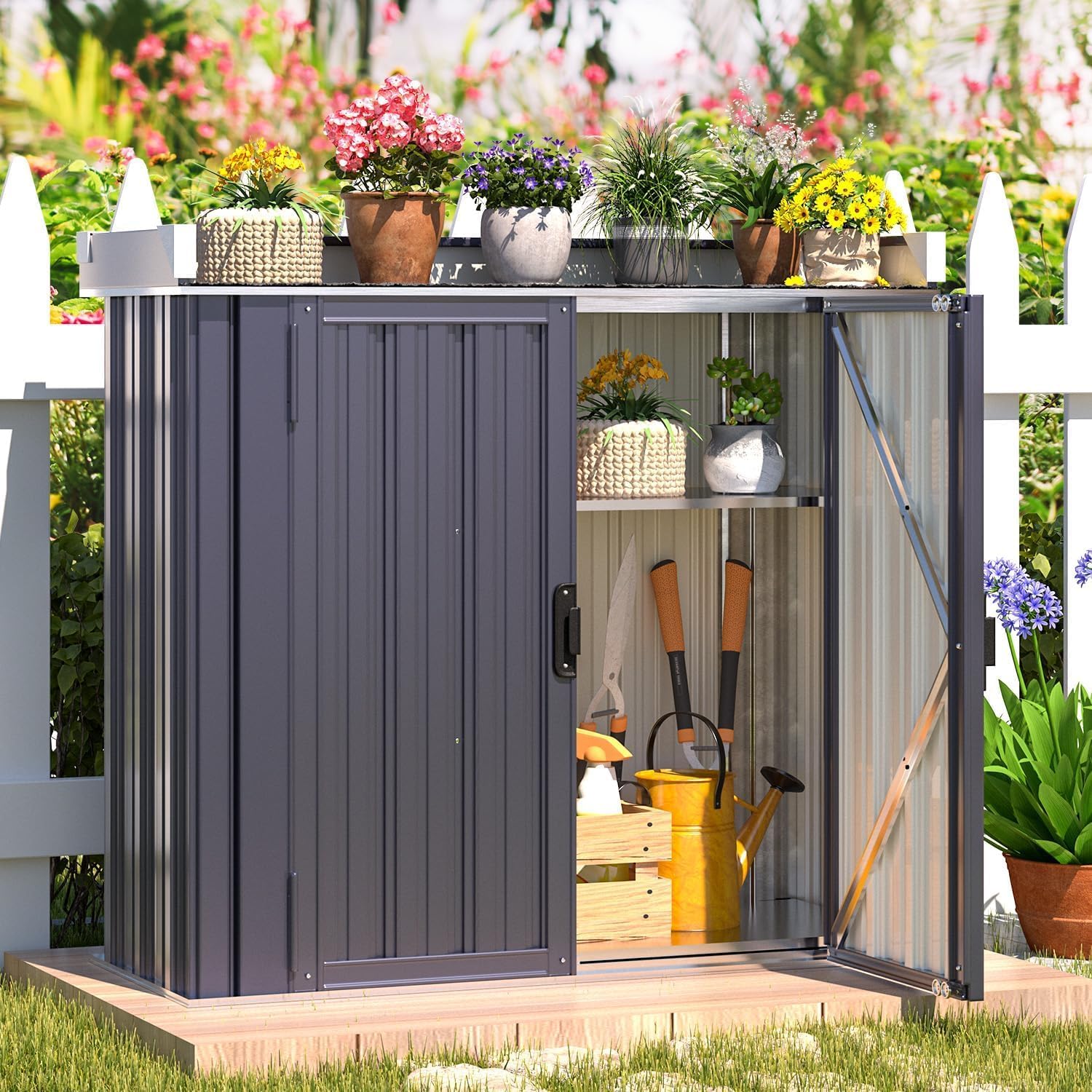 Outdoor Metal Storage Cabinet With Adjustable Shelves & Doors - Heavy-duty Shed Suitable For Gardening Tools, Plants, Workshop Equipment, Workbench, /outdoor Use, Gray (no Revision To Product )