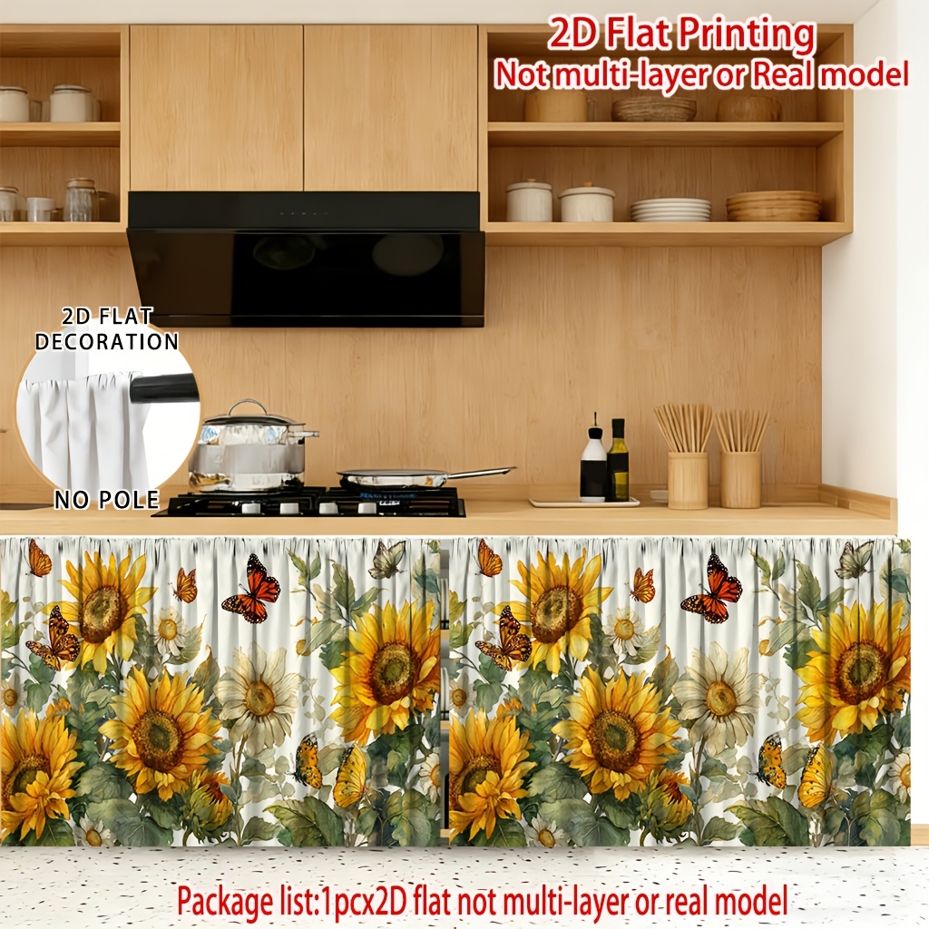 TEMU 2d Flat, 2d Flat Cabinet Curtain, Semi-transparent Cabinet Decorative Curtain, Kitchen Curtain With Sunflower And Pattern, Made Of Polyester,