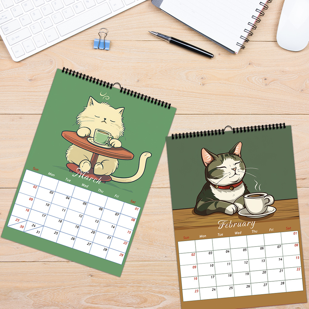 

2025 Funny Cat Drinking Coffee Wall Calendar - 1pc, 12-month Hanging Decoration With Unique Cat Design For Month, Ideal New Year Gift