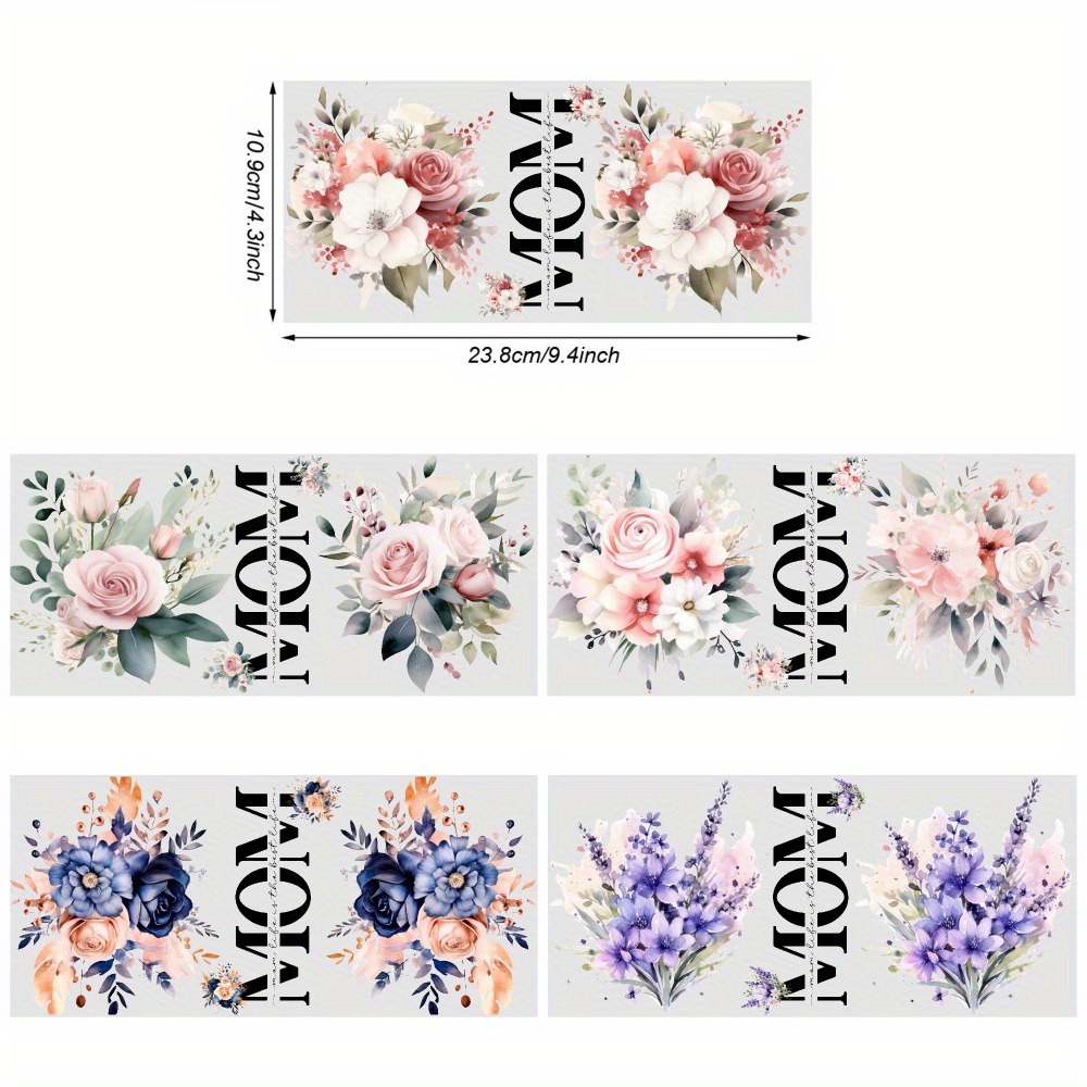 Image of 5pcs Floral Text Uv Dtf Cup Decals, Glass Dtf Transfer Stickers, High Quality Cartoon Wipe-on Transfer Paper, Suitable For 16oz Glass, Mugs, Crafts, Furniture