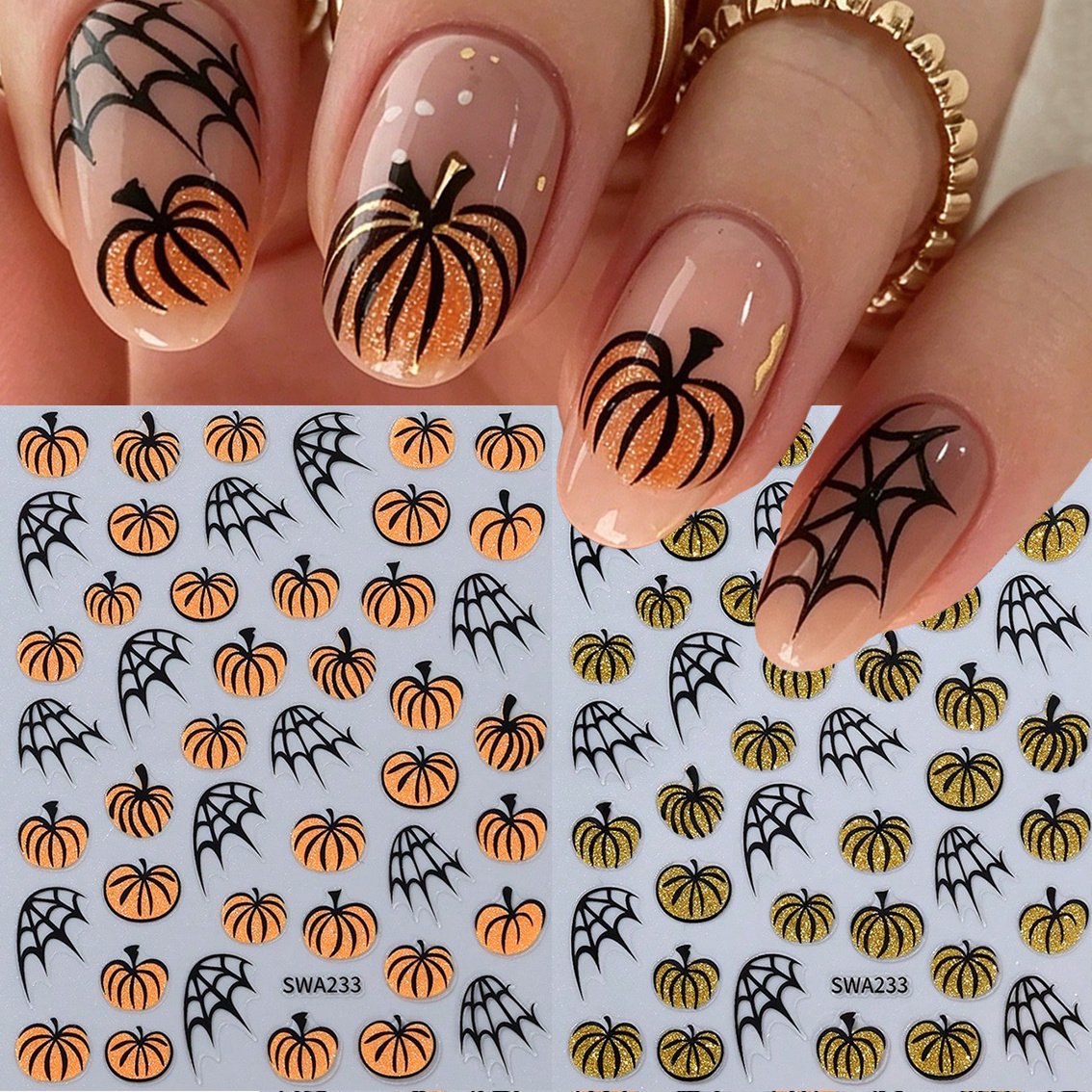 TEMU 2pcs/pack Autumn Pumpkin Nail Art Stickers Glitter Orange & Black Web Self-adhesive Nail Decals Nail Decoration Autumn Holiday Diy Nail Stickers
