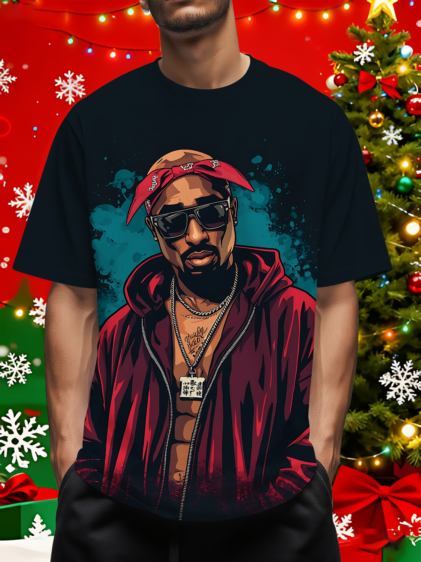 digitaldruck - weihnachts-hip-hop-  trendiges t-shirt für herren, bequemes vielseitiges rundhals-kurzarmshirt, ideal für   sport,   geschenk für männer in den ferien