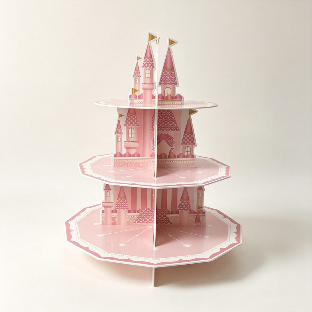 TEMU Présentoir à gâteau rose à 3 niveaux de 16,5 pouces, plateau de présentation à desserts pour fêtes d'anniversaire de princesse, décorations de
