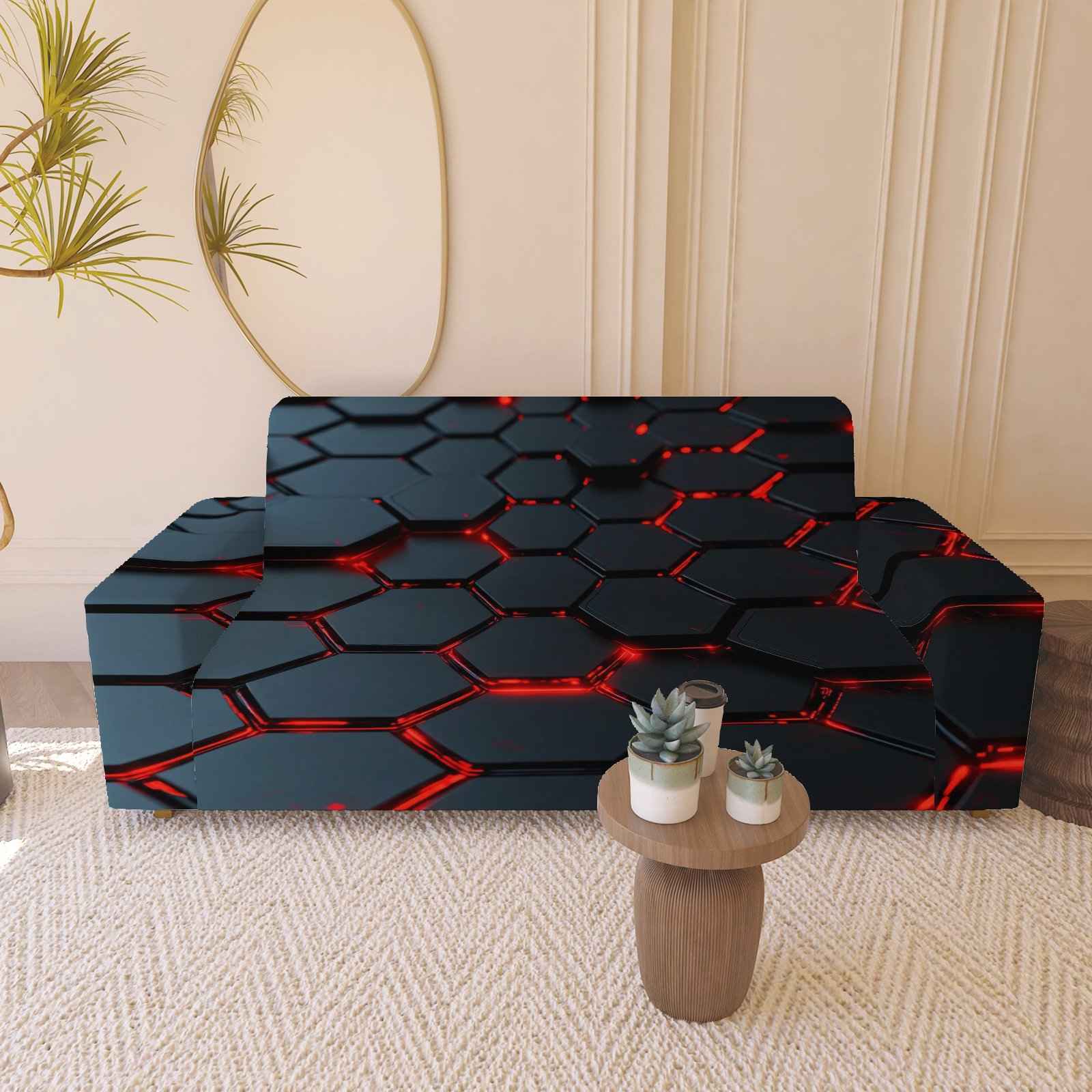 TEMU 1pc Modern Tech Style Black Red Hexagon Sofa Cover - Soft Breathable Polyester With , Machine Washable, Tech Theme Room & Study Decor,