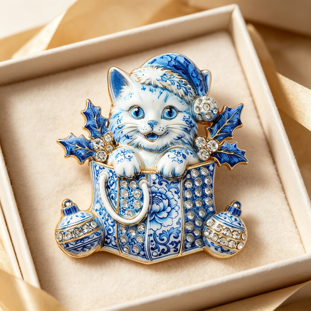 Vintage Rhinestone Cat Brooch, Holiday Gift Box