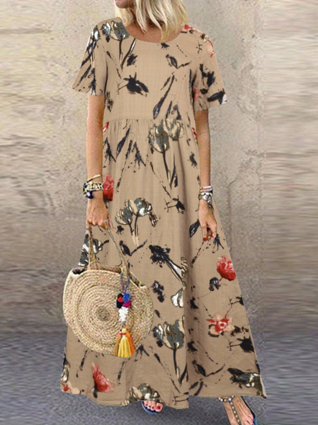 voyage + yy0113003 robe maxi a-line   à col rond et imprimé floral bohème pour femme, kaftan dété  , robe longue de plage, robe tendance