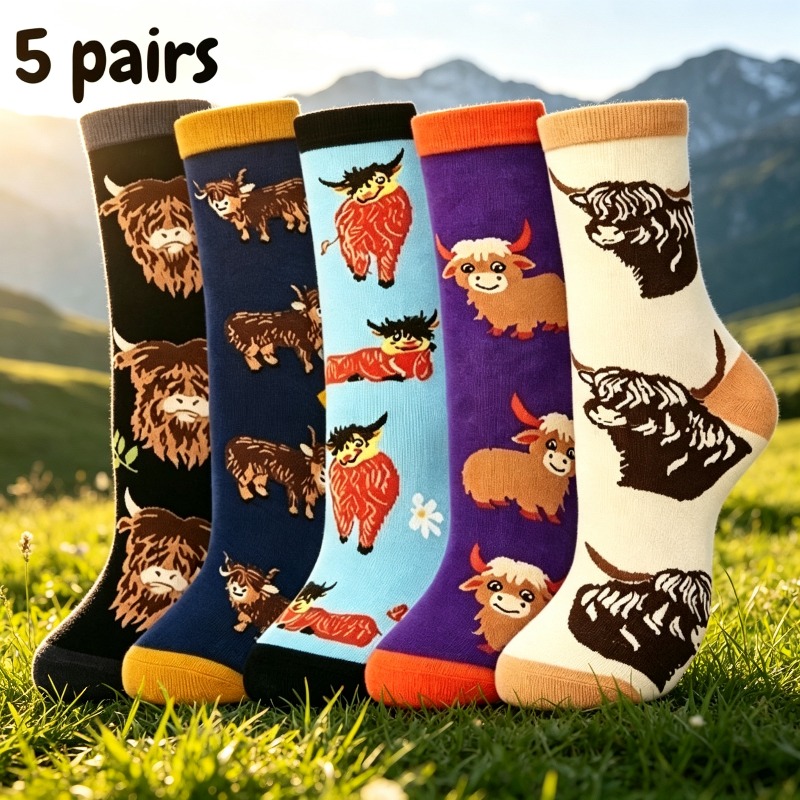 TEMU 5-pair Highland Cow Themed Women's Mid-calf Socks, Featuring A Of Colorful Highland Cow Animal Patterns, , Suitable For Outdoor , Farm-themed