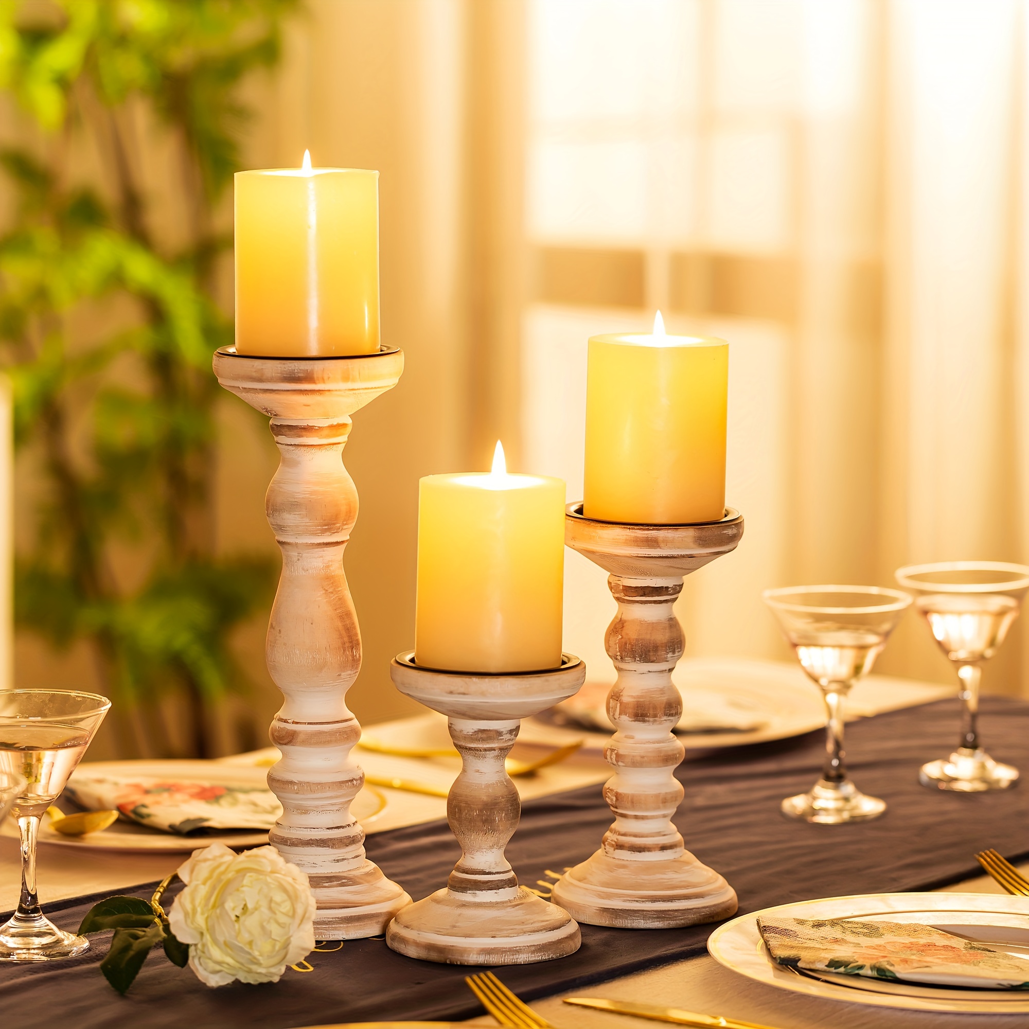 TEMU Set Of 3 Wooden Candle Holders For Pillar Candles, Rustic Candle Stands For Table Centerpiece And Fireplace Home Decoration[halloween Christmas]