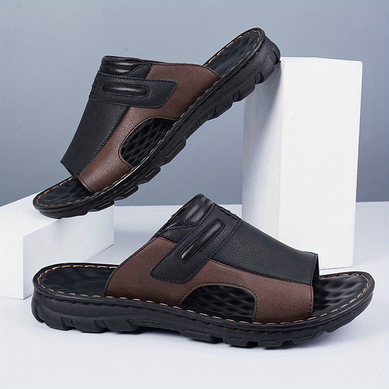 mens summer fashion slides comfortable thick cushioned non   flops casual open toe slippers with zipper detail   in black white and brown summer slippers Product details 3