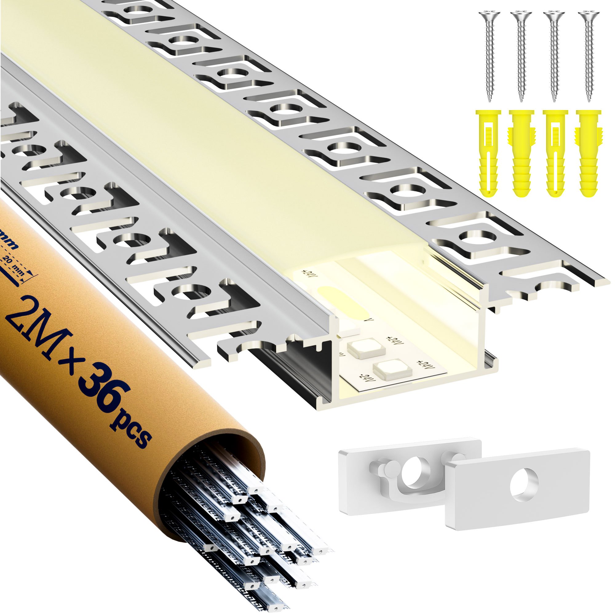 Image of Led Drywall Profile, 2 Meters Long Each, Light Guide Rail Led Aluminum Profile, Can Support 20 Mm Wide Led Light Strip, Equipped With Milky White Pc Cover And Screw Installation Package