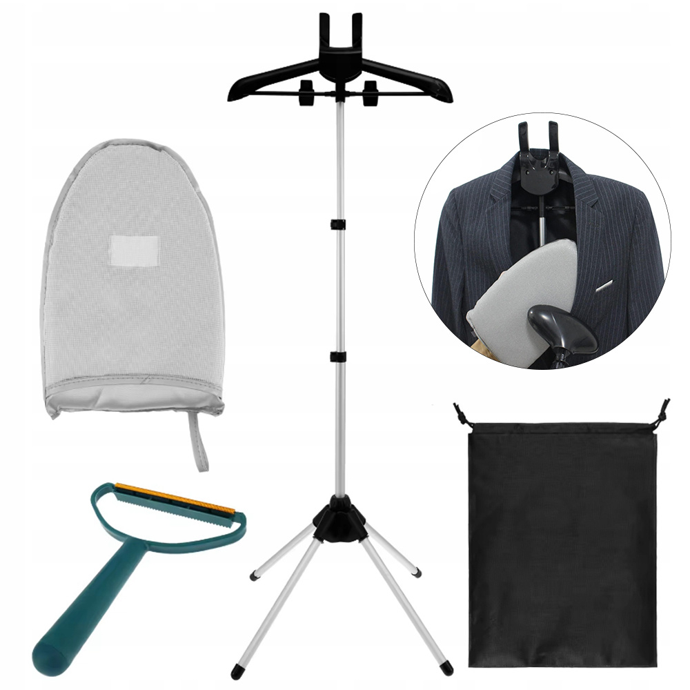 Image of 1 Set Black Foldable Adjustable Garment Steamer Stand, And Plastic Telescopic Ironing Hanger With Handheld Ironing Board, Fabric Shaver And Storage Bag