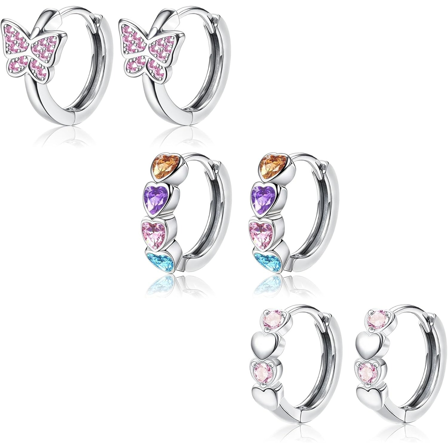 Image of 3pair Small Hoop Earrings For Women 925 Sterling Silver Post Cartilage Earrings Flowers Heart Hoop Earrings Hypoallergenic Sleeper Huggie Earrings Set