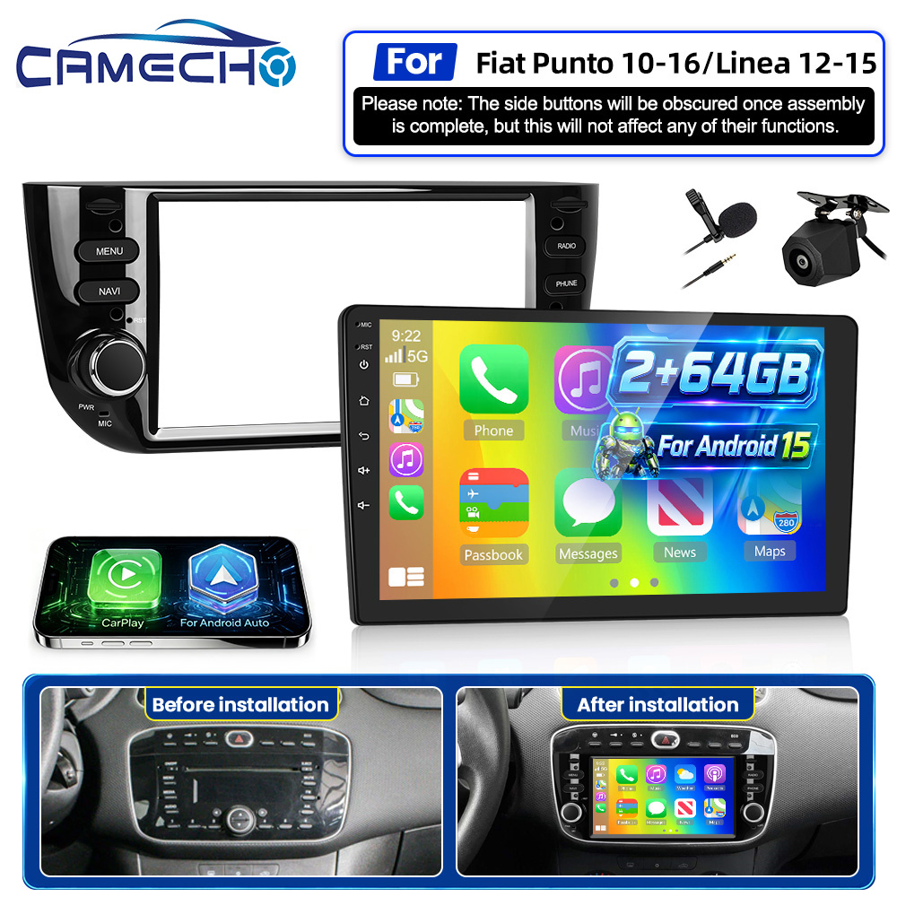 Image of Camecho [2+64gb] 15 For 2010-2016/ Linea Radio 2012-2015, 6.2 Inch Screen 2 Din Car Radio With Car, Bt, , Wifi, Gps, Rds Fm, Ahd Backup Camera, Mic, Local