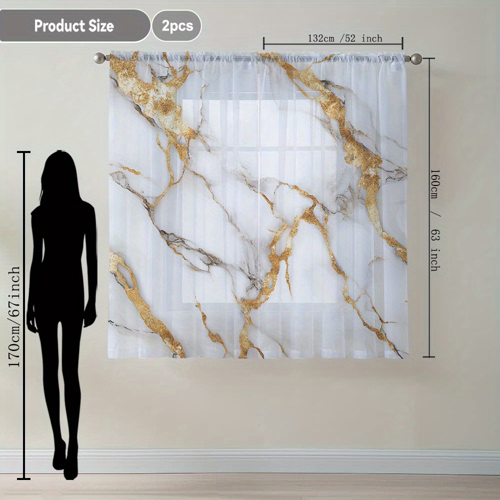 TEMU 2pcs Golden And Pattern Printed Sheer Curtains, Luxurious Style With Rod Pocket Decorative Print, Curtains Suitable For Kitchen, Cafe, Living