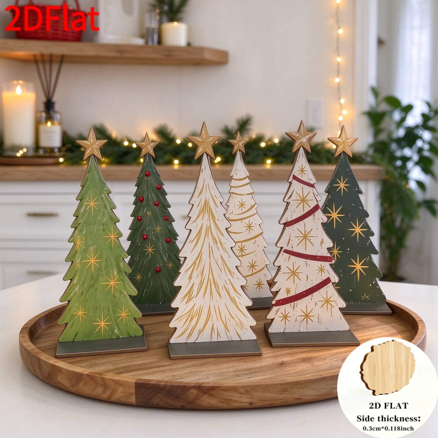 TEMU 2d Flat, 6pcs Christmas Tree Desktop Ornament Set. Nordic-style Painted Wooden Mini Christmas Trees For Christmas Home Desktop Decoration.