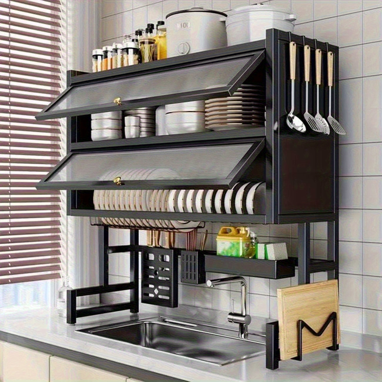 TEMU Over-the-sink Dish Rack With Double Layer Storage And Dustproof Doors - Kitchen Organizer With Utensil Holder, Spice Rack, And , Kitchen Sink