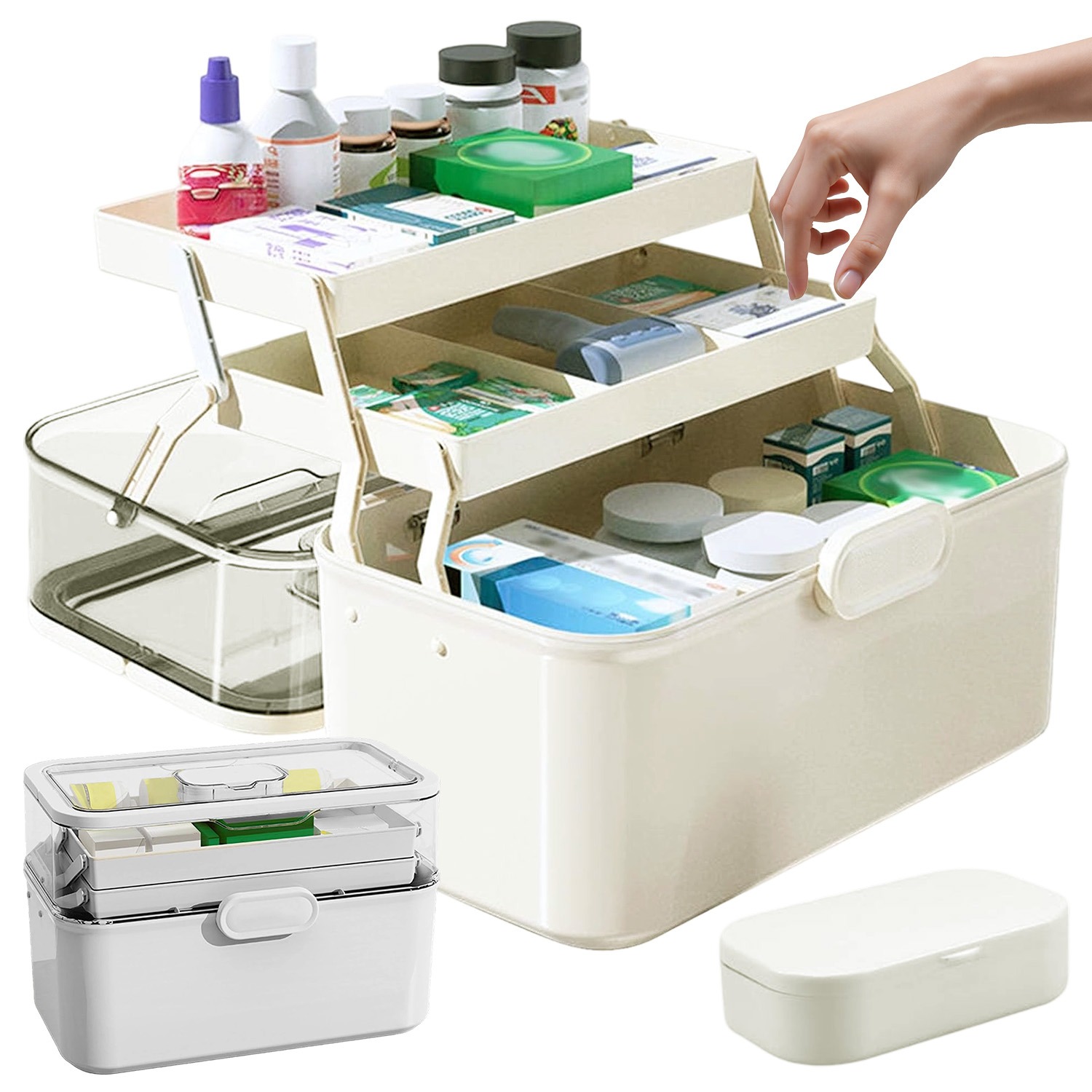 Image of 3-layer Large Capacity Medicine Organizer, Plastic Box With Portable Pill Case, Storage Container For Home Bathroom Cabinet, Stackable Drug Holder