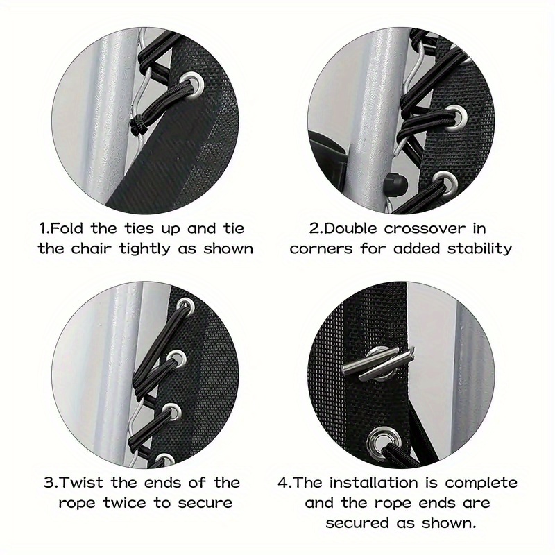 4pcs Zero Gravity Chair Repair Kit with Replacement Ropes - Elastic Straps And Metal Rings, Black Fabric, Compatible with Lounge Chairs/Recliners