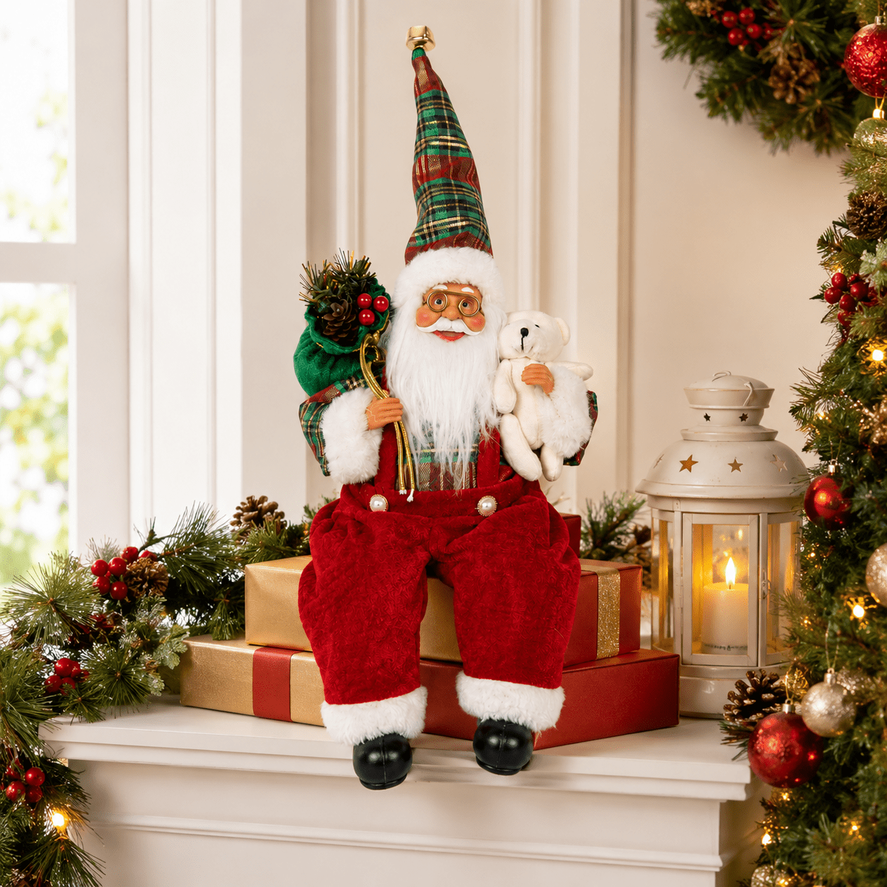 TEMU 40cm Seated Red Santa Claus Decorative Ornament, Nordic Rustic Style Santa Claus Decoration, Holding A White Bear And Christmas Decorative
