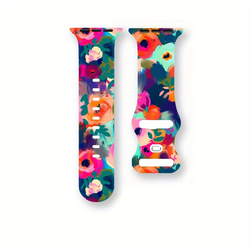 E-shop Art Malerei Blumen Silikonarmband für Apple Watch - Weiches, verstellbares Armband mit Schmetterlingsverschluss, passend für Iwatch