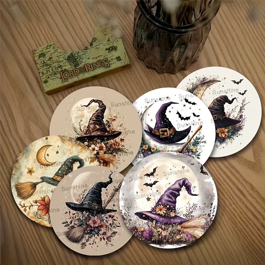TEMU 6pcs, Halloween Hat And Broom Wooden Coasters, Heat-resistant Pads, Desktop Protectors, Suitable For Water Cups, Cafes, Offices, Kitchens,