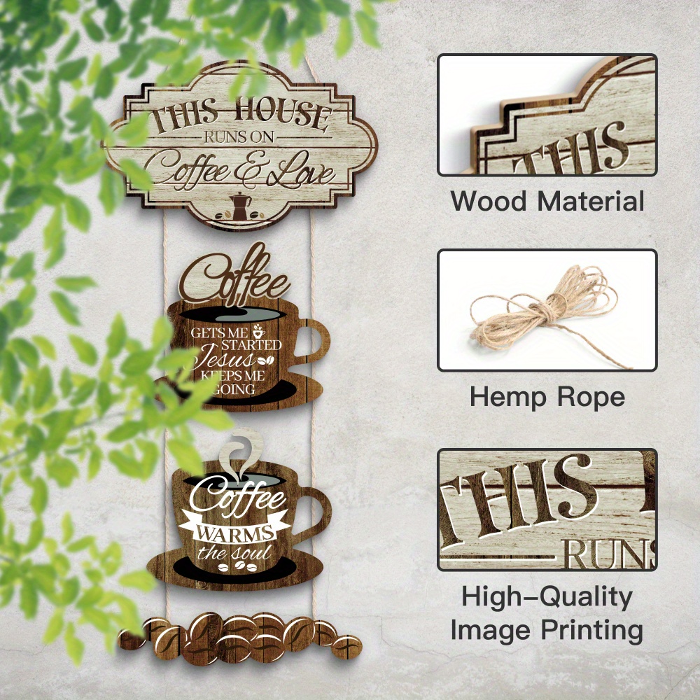 TEMU 2d Flat, 4pcs "this Home & Coffee" Wall Decor - Rustic Farmhouse Coffee Bean & Cup Sign, Wood Suitable For Home, Cafe, Kitchen, Gifts, Wood