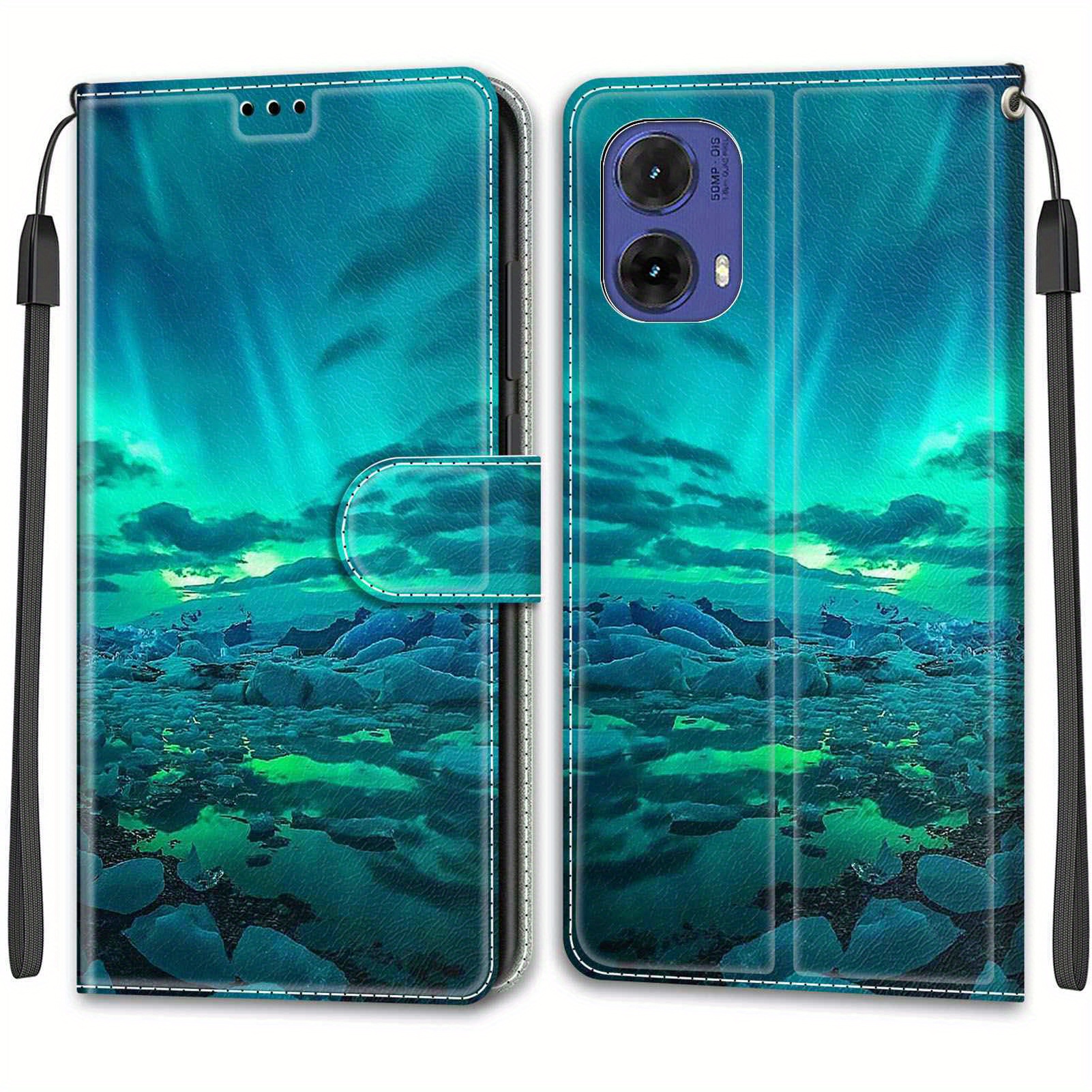 TEMU Phone Case: Floating Aurora Creative Painted Minimalist Women'-fold Edge Synthetic Leather Flip Phone Case With Lanyard, Card Slot, Stand, And