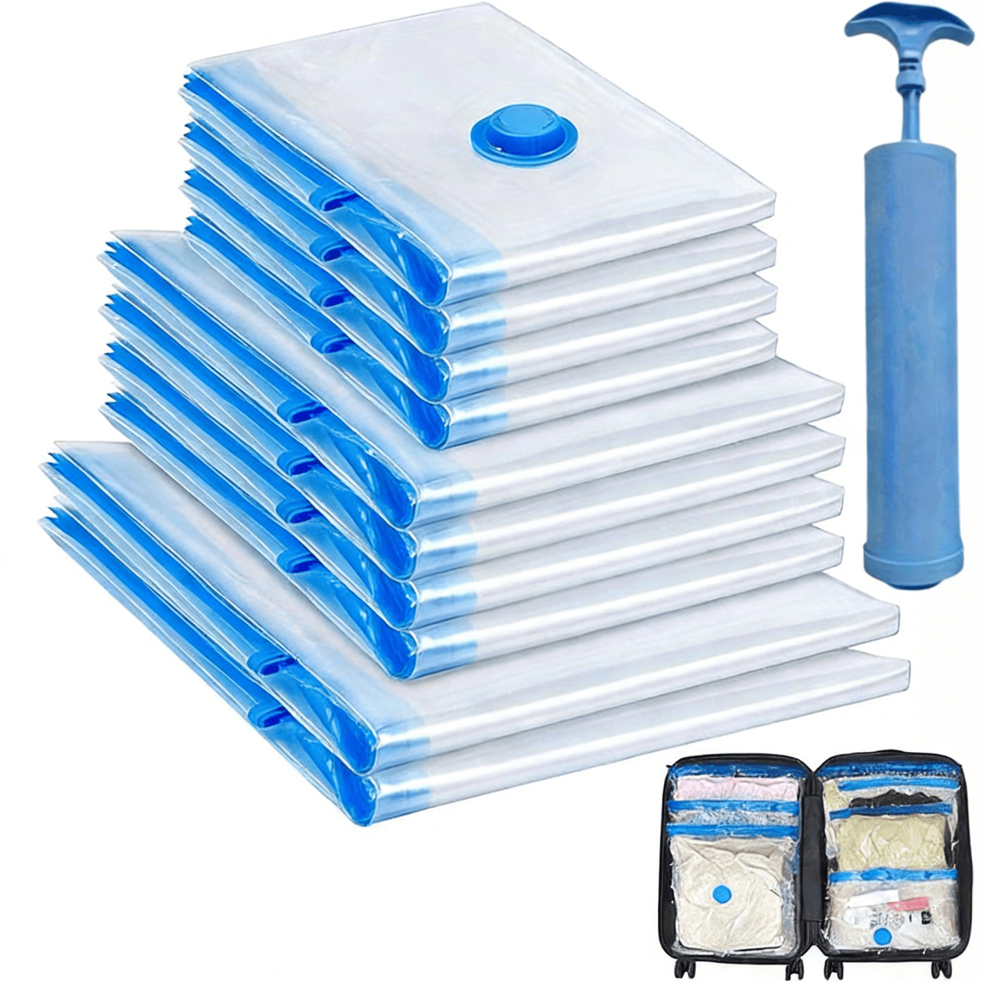 TEMU 11pcs Vacuum Compression Storage Bag Set, With Portable Hand Pump- Large+ Medium+ Small+ Hand Pump- Suitable For Bedding, Clothing, Travel