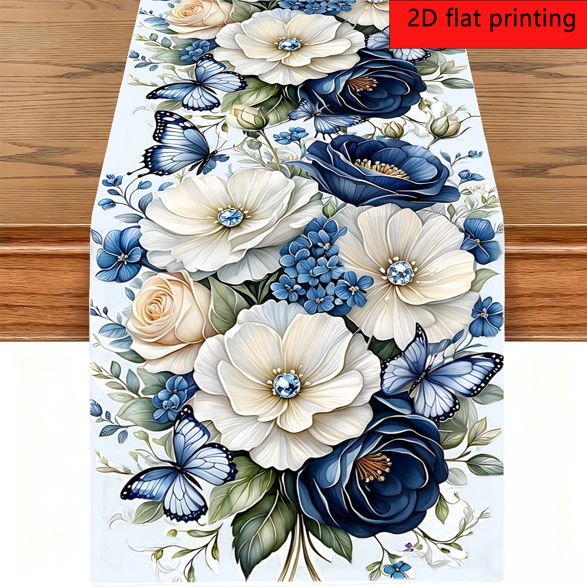 TEMU 1pc, Blue And White Floral Printed Table Flag. Fresh Watercolor Style Table Flag, Luxurious Style, Suitable For Dining Table, Coffee Table,