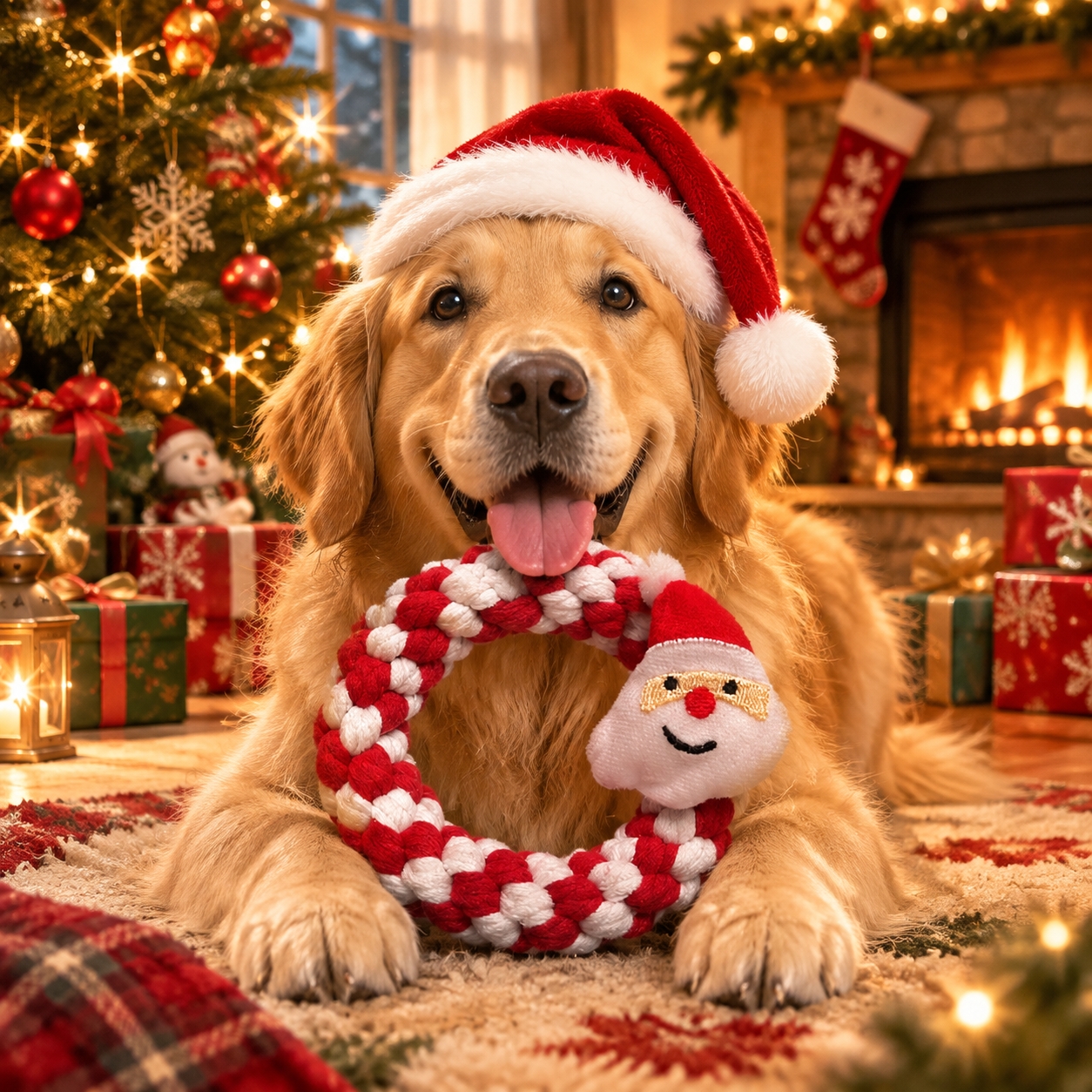 TEMU Premium Christmas Rope Toy, Red White Hand Braided With Plush Santa , Interactive Fetch & Tug Toy, Dental Cleaning Chew Toy, Xmas Gift For Pets