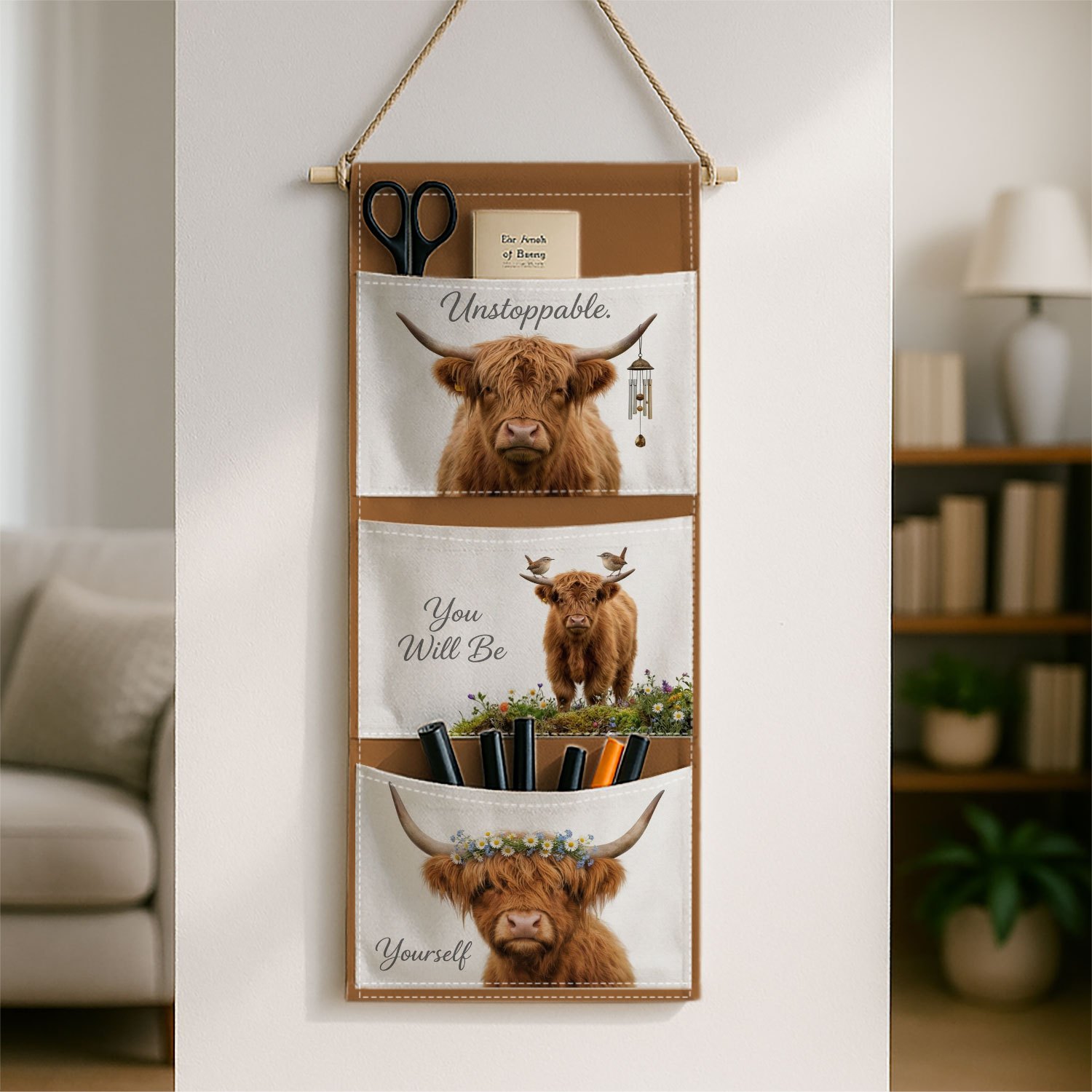 TEMU 1pc Highland Cow Wall Hanging Organizer Bag - Scottish Cow Print Storage Shelf Suitable For, Bathroom, Bedroom, Living Room - Rustic Farmhouse