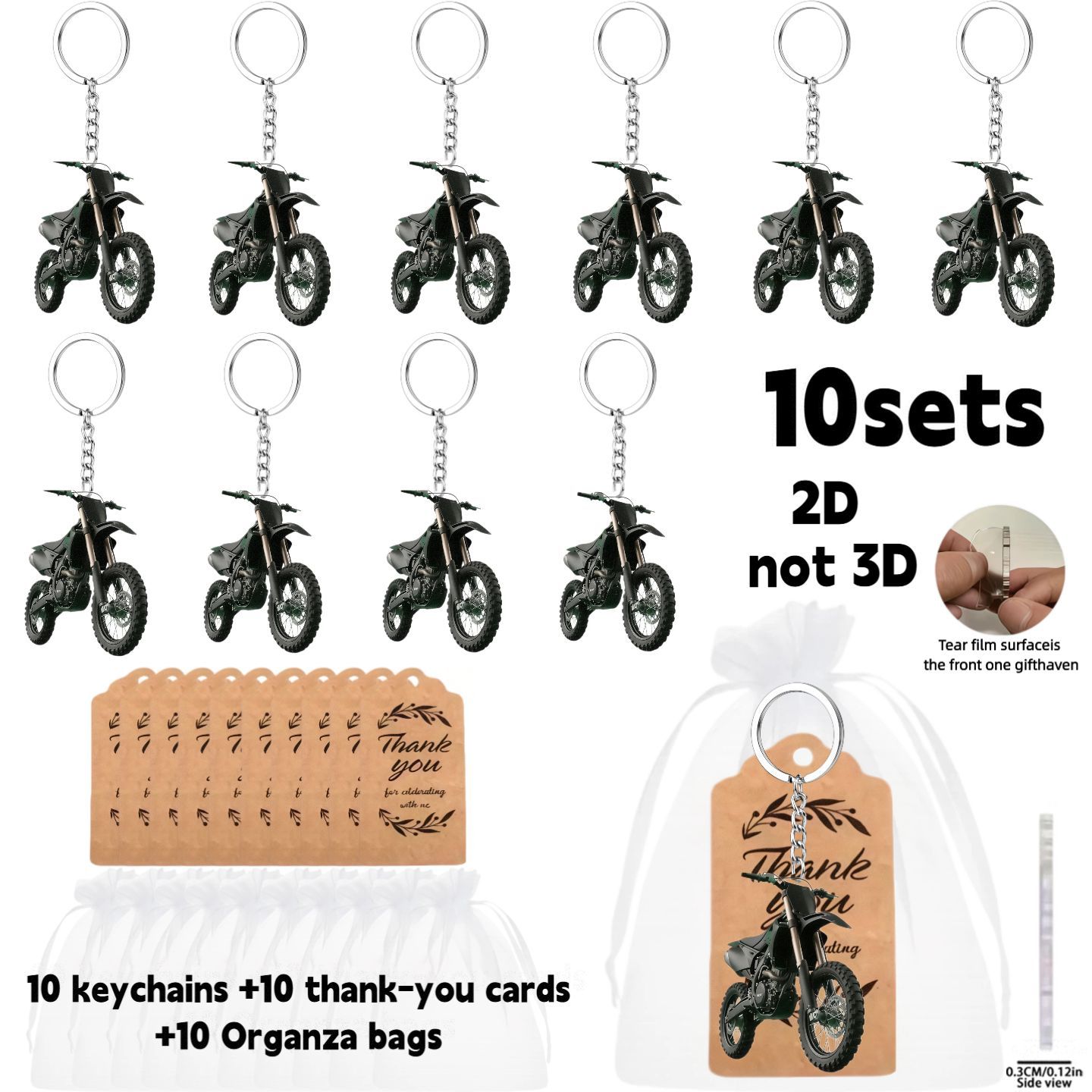 TEMU 2d Flat, 2d Flat - A 2d Flat Gift For Her/him, 10pcs Keychain Packaging Set, Dark Green Dirt Bike Keychain Party Favor Kit - Includes 2d Acrylic