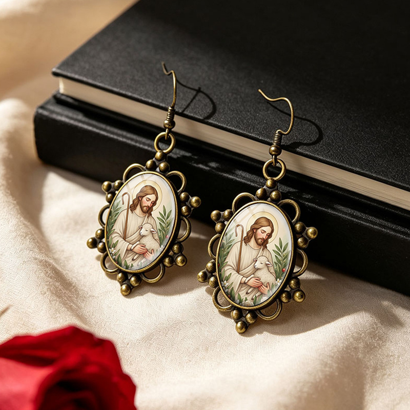 Classical Shepherd Laced Oval Glass Dome Dangle Earrings