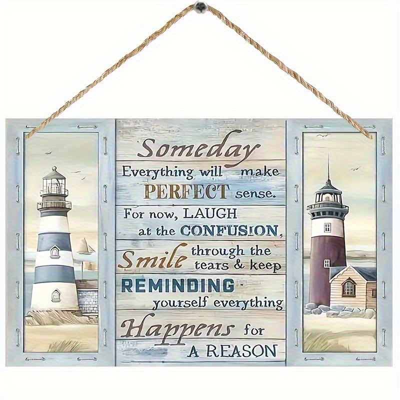 TEMU 2d Flat, Bohemian Style Wooden Wall Art Plaque - Nautical Lighthouse Theme With Inspirational Coastal Quotes, 7.87x5 Inch Rustic Home Decor For
