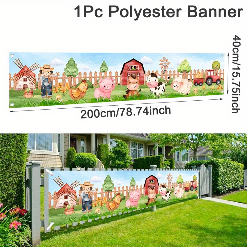 Image of 1pc Animal Polyester Banner, Cartoon Cow Pig Barnyard Pattern, Farmhouse Themed Party Decoration, Suitable For Birthday And Events
