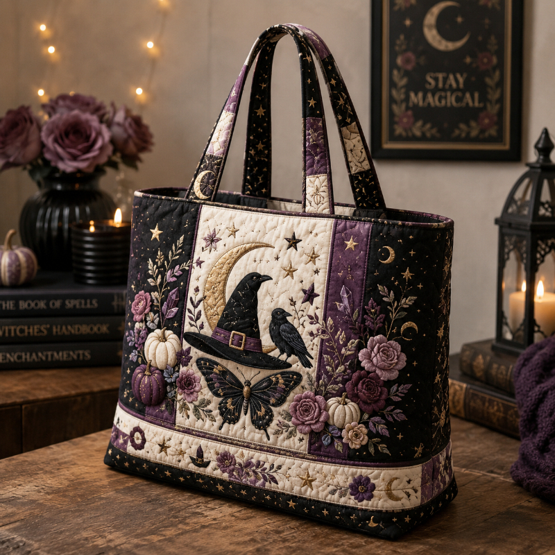TEMU Witch Purple And Black Splicing Quilted Tote Bag, Crescent Crow Sticker Printing Design, Large Capacity Portable Shoulder Messenger Bag, Deep