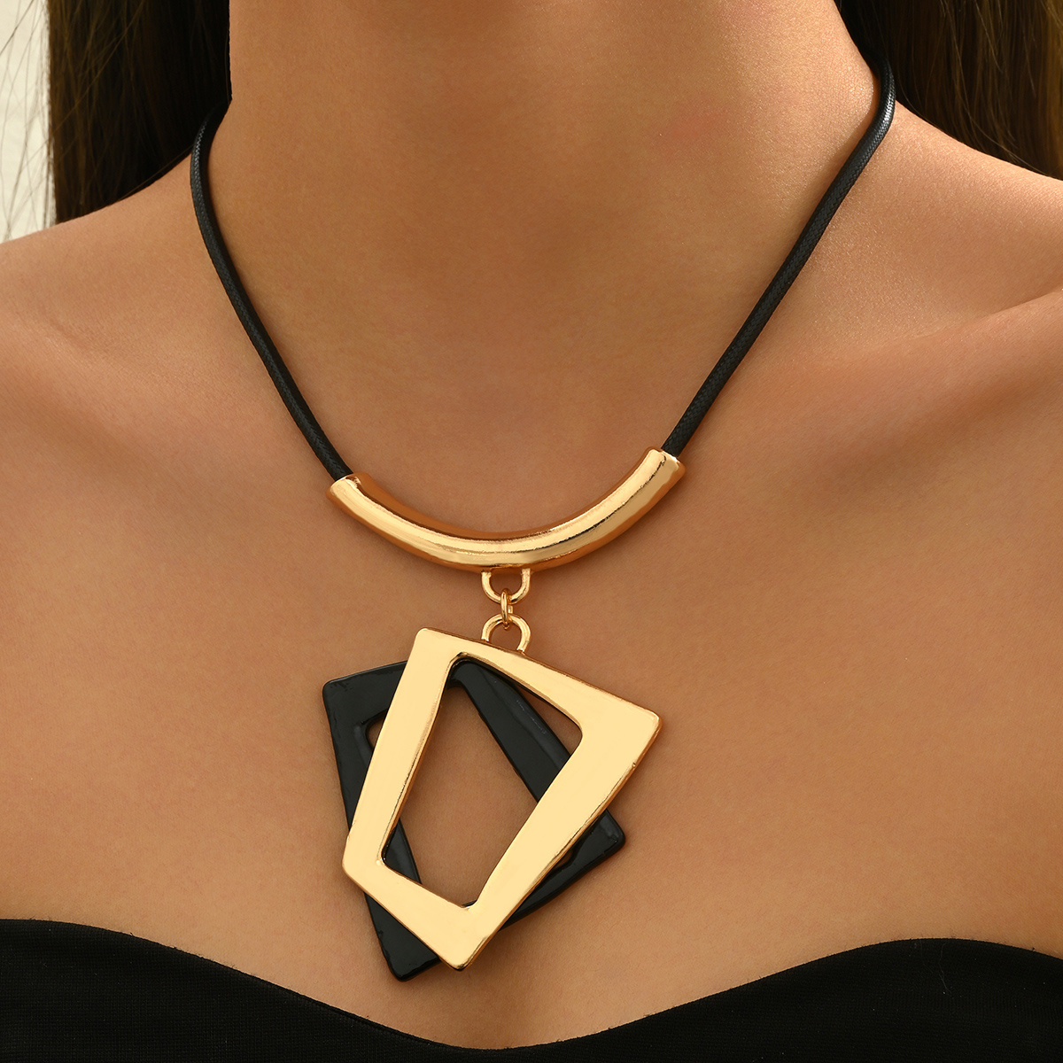 1 Exaggerated Women's Pendant Necklace Retro Bohemian Geometric Irregular Hollow Black + Golden Color Matching Black Rope Curved Tube Easy Daily Niche Temperament High-end Versatile Additions