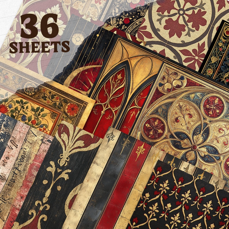 TEMU A Set Of 36 Sheets Featuring Decorative Art Paper In Gothic Red And Golden, Ideal For Use In Commemorative Albums, Handcrafted Vintage Diaries,