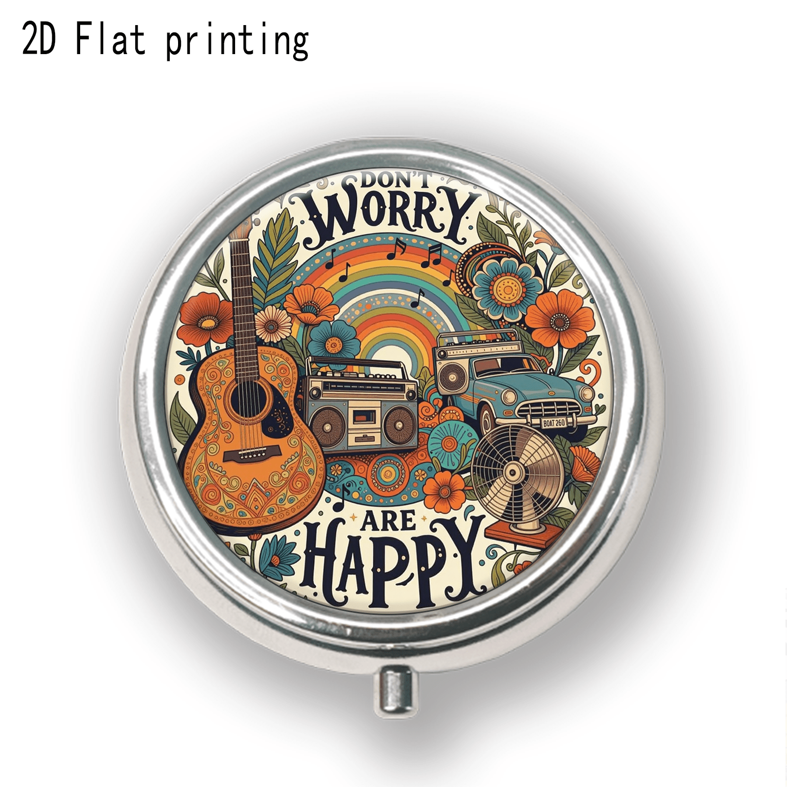 TEMU 1pc 2d Flat Bohemian Style Guitar Radio Pattern Round Three-grid Pill Box Portable Medicine Storage Small Jewelry Storage Suitable For Pockets,