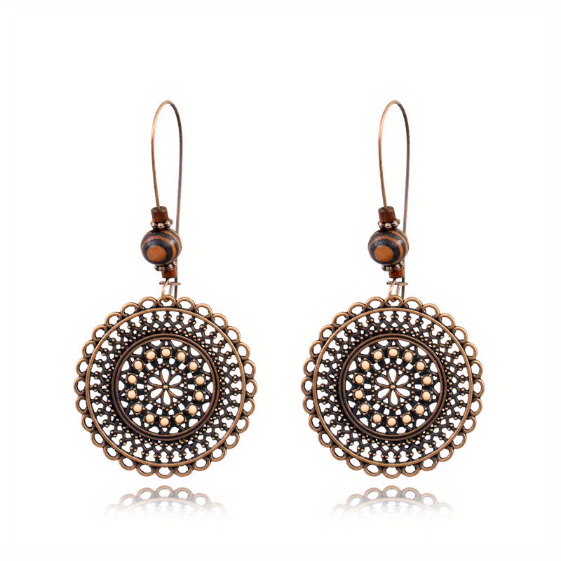 TEMU Une paire de boucles d'oreilles pour femmes, en alliage électroplaqué, avec des perles en bois, un style rétro européen et américain, des fleurs