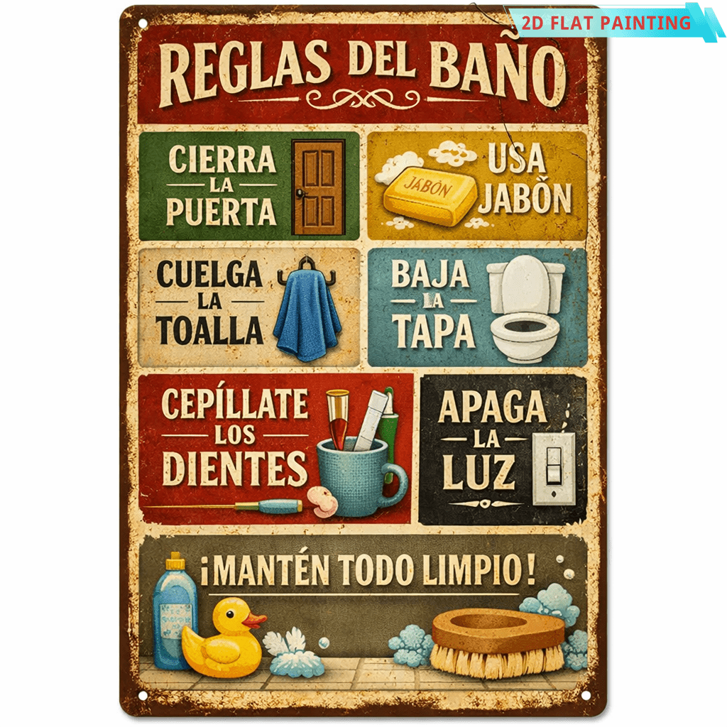 TEMU Letrero 2D de las reglas del baño en español "Reglas Del Baño" - decoración de pared de metal con español/inglés, adecuado para el baño, póster
