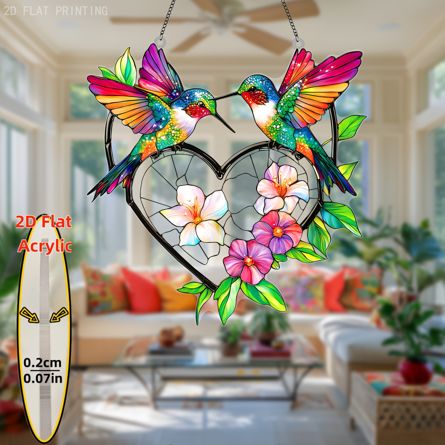 TEMU 2d Flat, 2d Acrylic Hummingbird Heart-shaped Suncatcher Suitable For Father's Day, Mother's Day Gift, Love-themed Wall Decor With Hummingbird &