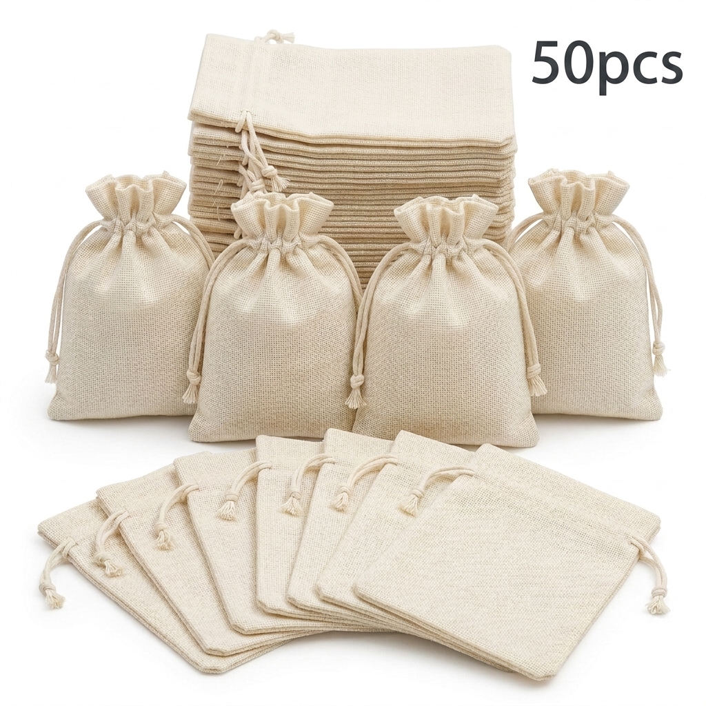 TEMU 50pcs Pack Cream Linen-look Drawstring Pouches - Burlap Texture Gift Bags Suitable For Wedding Favors, Birthday Supplies, Travel Packing,