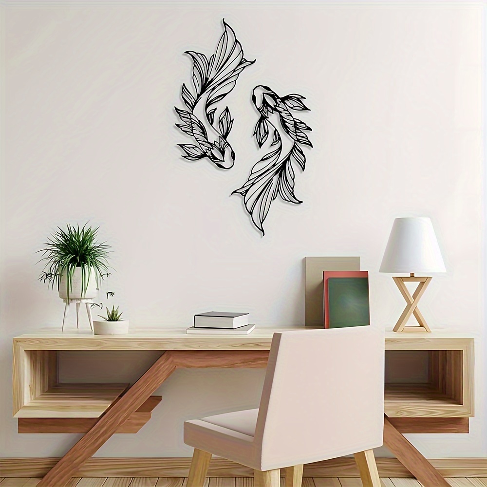 TEMU Plat 2D, Lot de 2, Art Mural Acrylique Poissons Koï, de Poissons, Décoration d'Intérieur, Design d'Intérieur Shui, Art Linéaire Minimaliste,