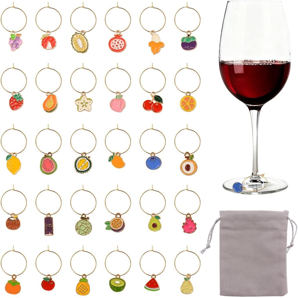 Image of 30pcs Glass Charms, Fruit Glass Identification Markers Diy Reusable Drink Identifier For Birthday Wedding Anniversary Thanksgiving Party