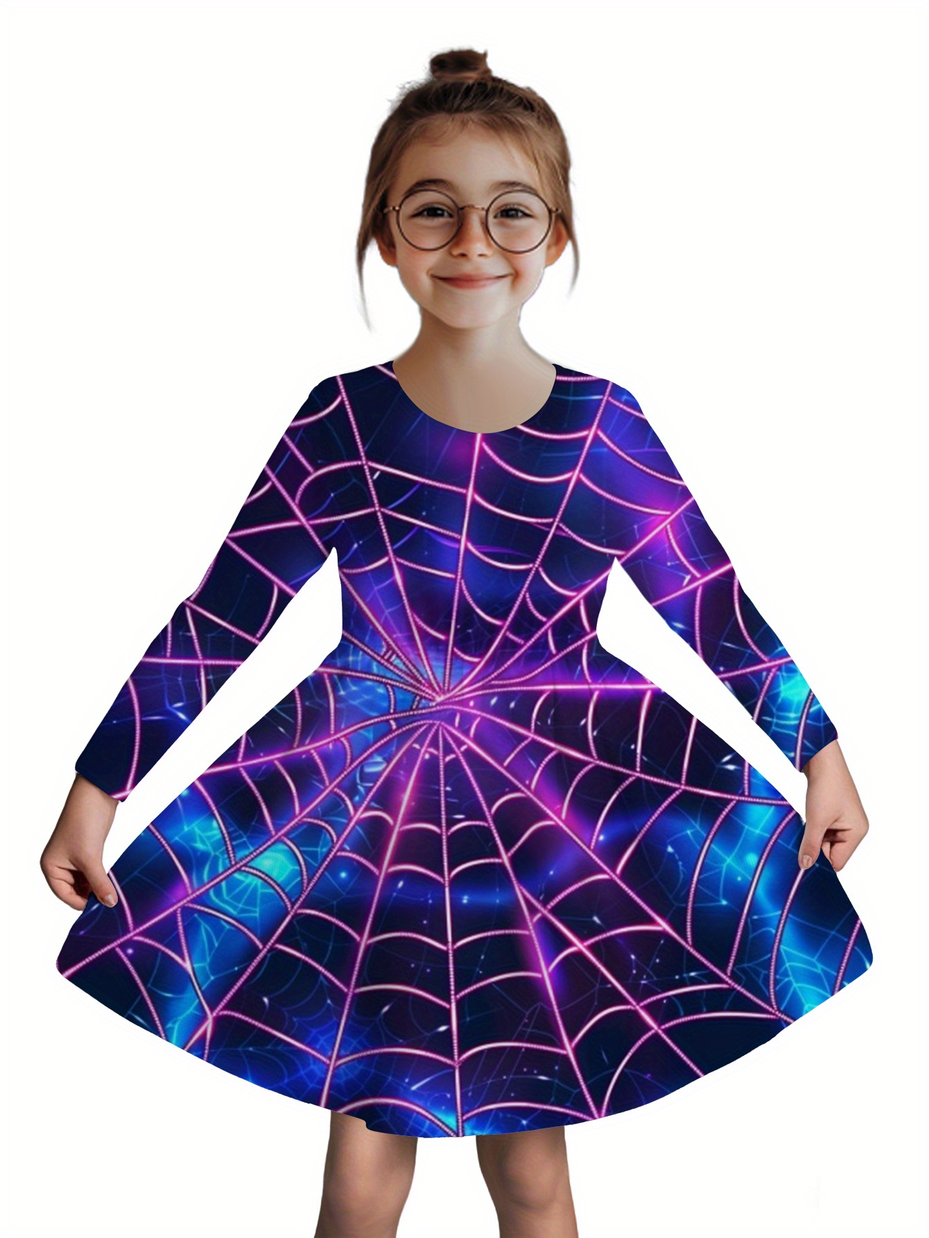 Neon  -the-Dark Spider Web Print Dress - Long Sleeve A-Line Party Dress with Round Neck, Machine Washable for Halloween, Christmas, Birthdays & Casual Attire - 4-12 Years (Random Neon Colors), Casual Wear, Seasonal Fashion, Glow In Dark,  ,   Clothing, Durable Fabric, Childrens Fashion