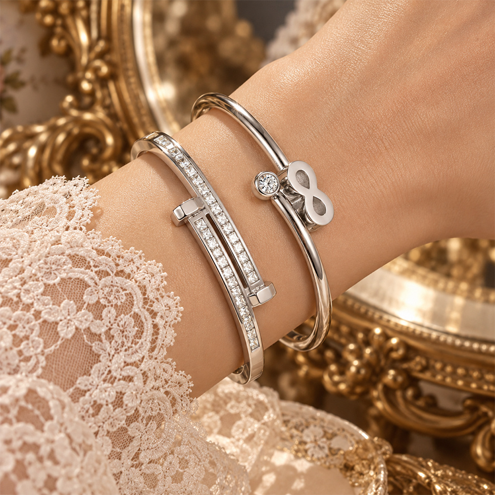 Mirror Polished Stainless Steel Bangle Pack with Solitaire Stone Accent